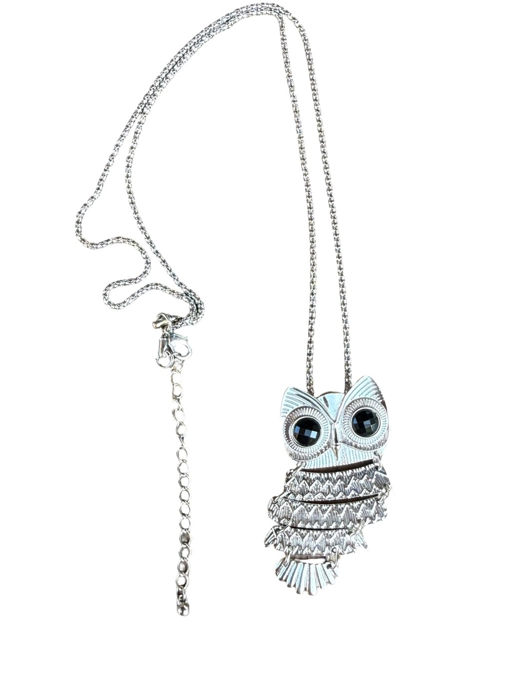 Silver Owl Pendant Necklace with Black Accent Eyes